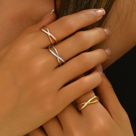 3/$35 14k Gold Plated Stainless Steel Ring Rhinestones Stylish Jewelry Dainty - Picture 1 of 6